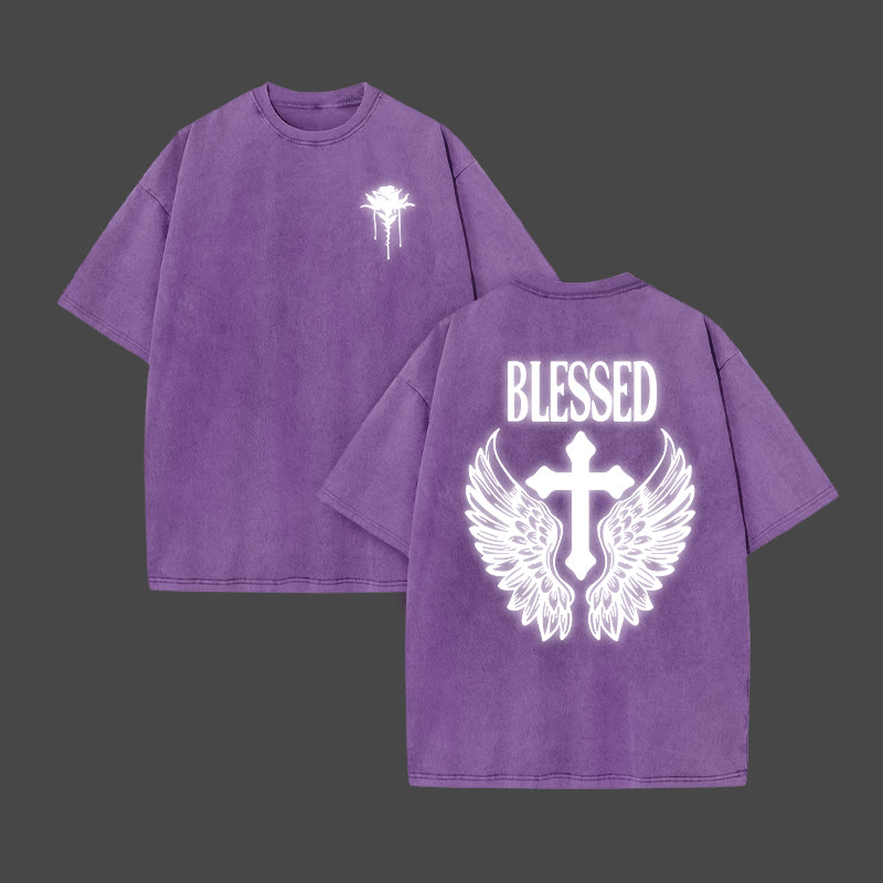 Blessed Cross Reflective Print Acid Washed T-shirt - Purple - US20-22(3XL) - image 5