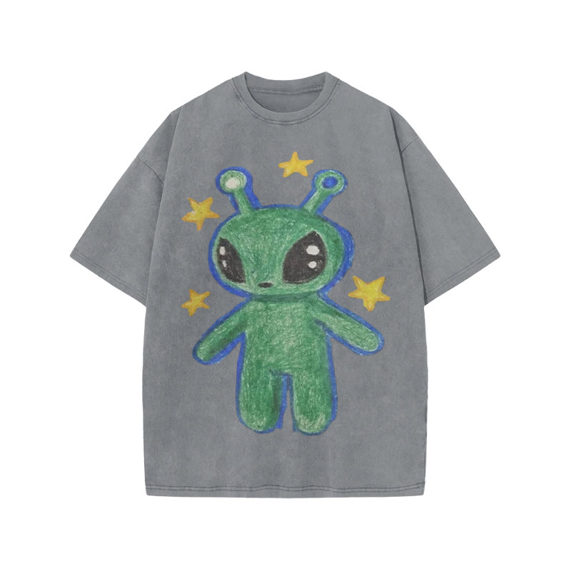 Cute Alien Print Acid Washed T-shirt - Grey - US20-22(3XL) - image 3
