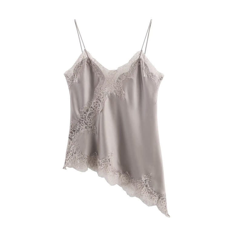 Spaghetti Strap Tank Top With Lace Spliced Irregular Hem - Grey - US12(L) - image 10