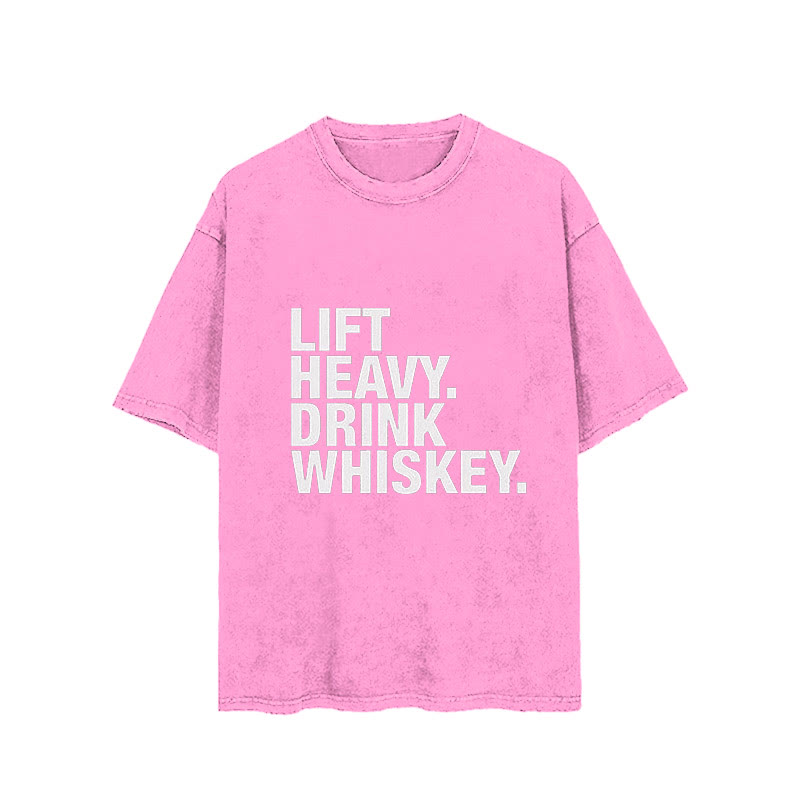 100% Cotton Lift Heavy Drink Whiskey Vintage Printed Washed Gym T-shirt - Pink - 2XL - image 5