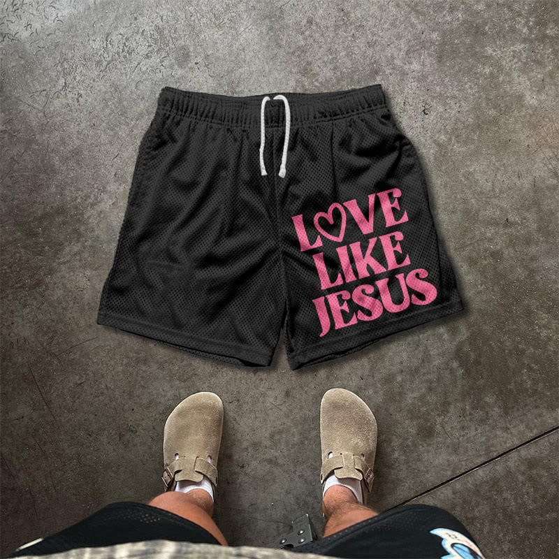 Love Like Jesus Valentine's Day Print Mesh Shorts - Black - 5XL - image 3