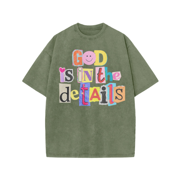 God Is In The Details Print Acid Washed T-shirt - Army Green - US20-22(3XL) - image 4