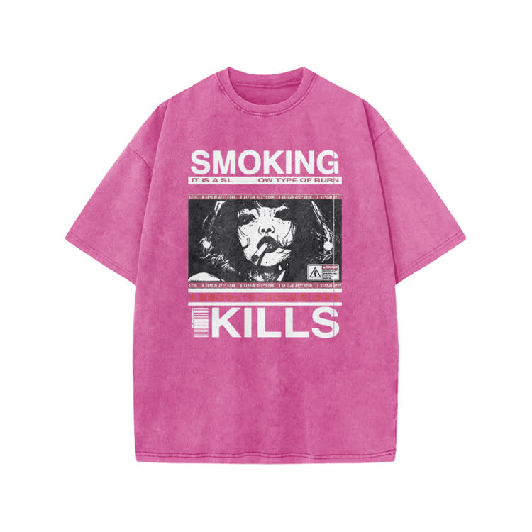 Smoking Kills Retro Manga Style Graphic Print Acid Washed T-Shirt - Pink - US20-22(3XL) - image 8