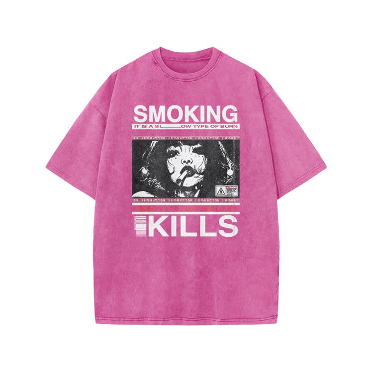 Smoking Kills Retro Manga Style Graphic Print Acid Washed T-Shirt - Pink - US20-22(3XL) - image 8