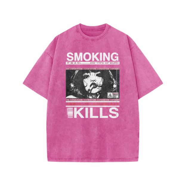 Smoking Kills Retro Manga Style Graphic Print Acid Washed T-Shirt - Pink - US20-22(3XL) - image 8