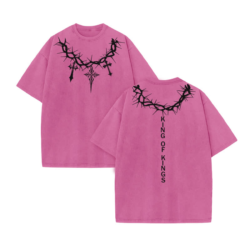 Unisex 100% Cotton King Of Kings Print Acid Washed T-shirt - Pink - US20-22(3XL) - image 7