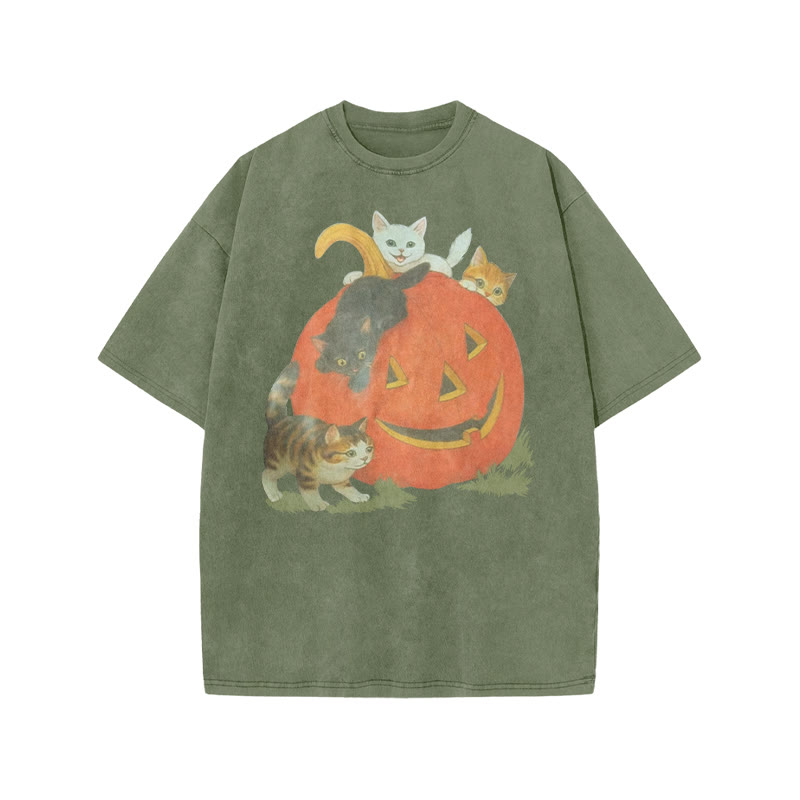 Unisex 100% Cotton Cats Playing On Pumpkins Halloween Print Acid Washed T-shirt - Army Green - US20-22(3XL) - image 4