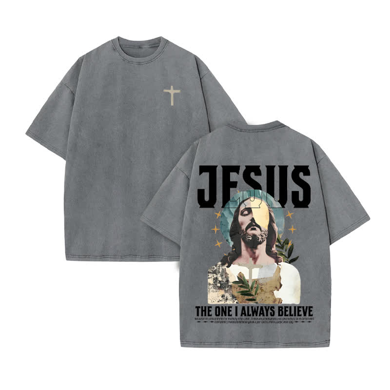Unisex 100% Cotton Always Believe Jesus Print Acid Washed T-shirt - Grey - US20-22(3XL) - image 5