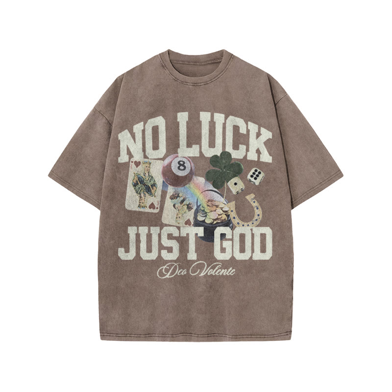 No Luck Just God Print Acid Washed T-shirt - Coffee - US20-22(3XL) - image 7