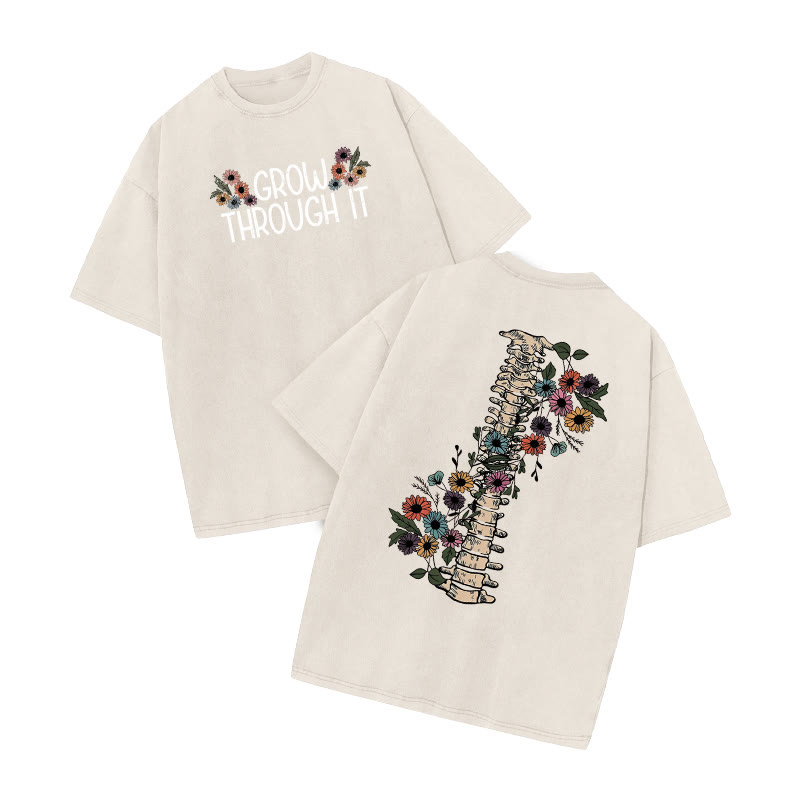Grow Through It Daisy Print Acid Washed T-shirt - Beige - US20-22(3XL) - image 3