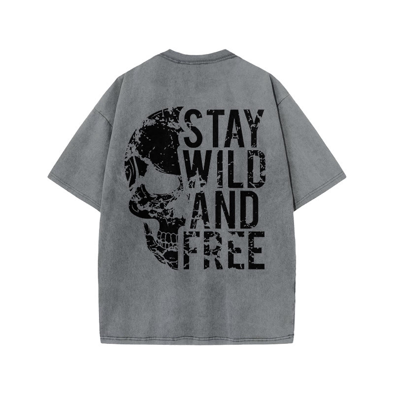 100% Cotton Stay Wild And Free Gym Print Acid Washed T-shirt - Grey - US20-22(3XL) - image 4
