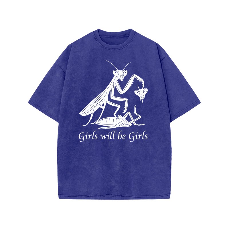 Girls Will Be Girls Print Acid Washed T-shirt - Blue - US20-22(3XL) - image 4