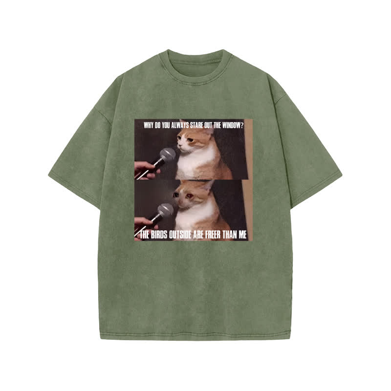 Unisex 100% Cotton A Cat With A Story Print Acid Washed T-shirt - Army Green - US20-22(3XL) - image 5