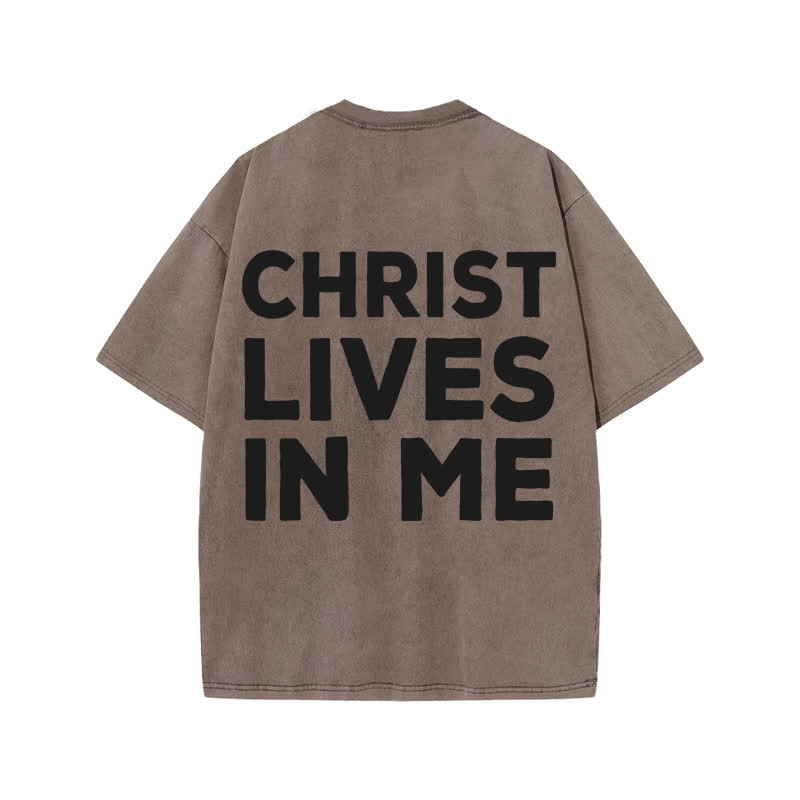 Unisex  Christ Lives In Me Print Acid Washed T-shirt - Coffee - US20-22(3XL) - image 3