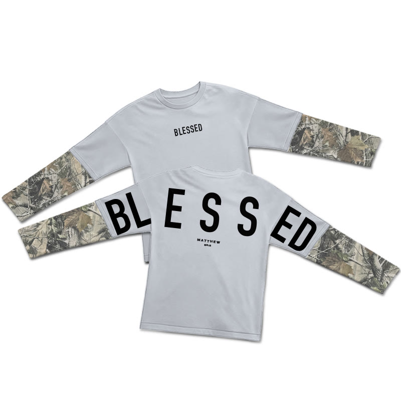 Blessed Matthew 5:3-12 Dead Leaves Camouflage Patchwork Print Layered-style T-shirt - Light Gray - 5XL - image 6