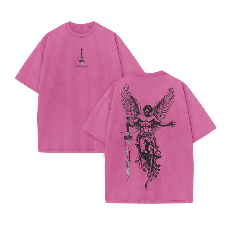 Unisex Jesus Is King Print Acid Washed T-shirt - Pink - US20-22(3XL) - image 8