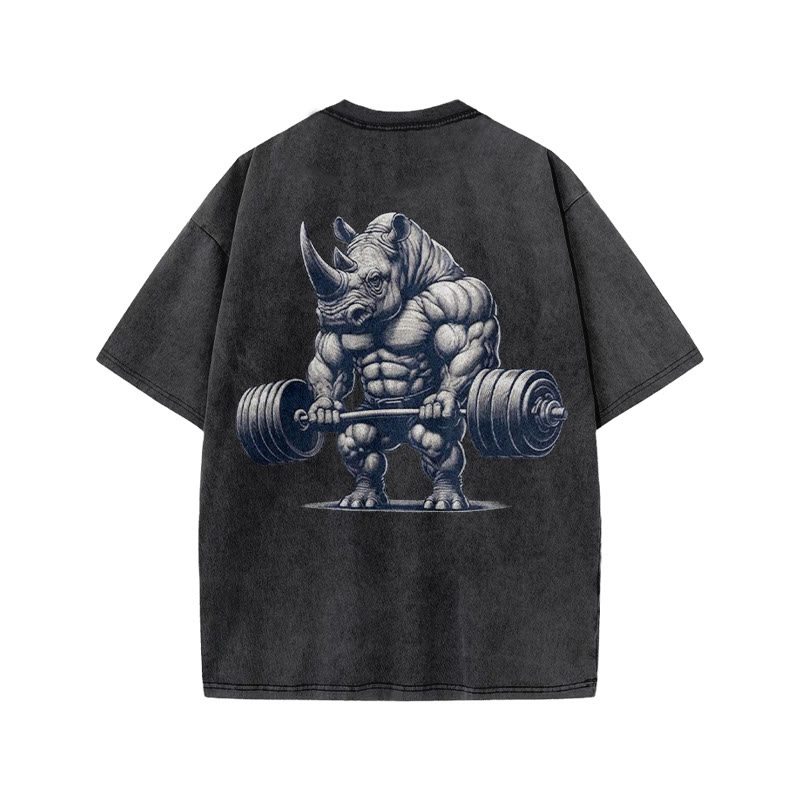 100% Cotton Lifting Strong Rhinoceros Gym Print Acid Washed T-shirt - image 3