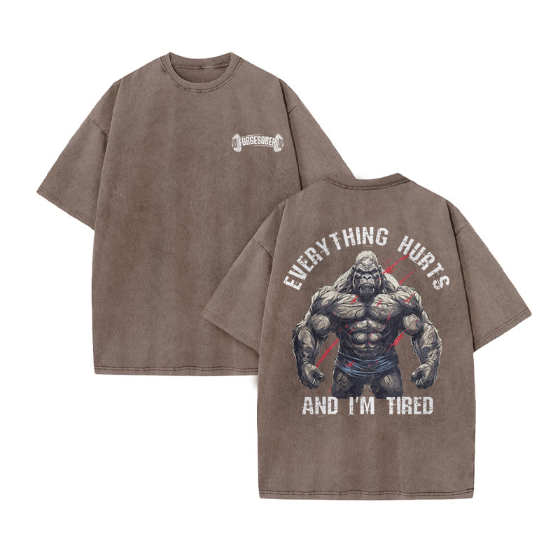 100% Cotton Everything Hurts And I'm Tired Gym Print Acid Washed T-shirt - Coffee - US20-22(3XL) - image 7