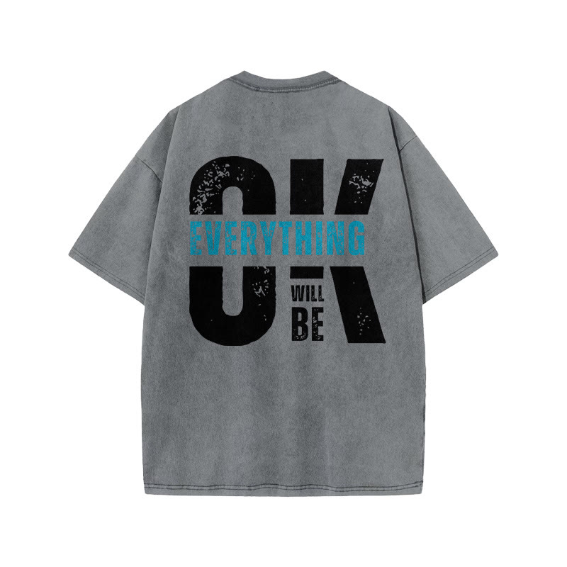Gym 100% Cotton Everything Will Be OK Print Acid Washed T-shirt - Grey - US20-22(3XL) - image 4