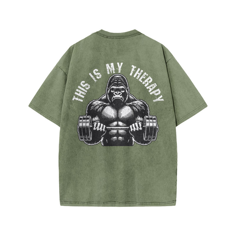 100% Cotton This Is My Therapy Gym Print Acid Washed T-shirt - Army Green - US20-22(3XL) - image 8
