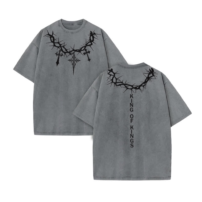 Unisex 100% Cotton King Of Kings Print Acid Washed T-shirt - Grey - US20-22(3XL) - image 4