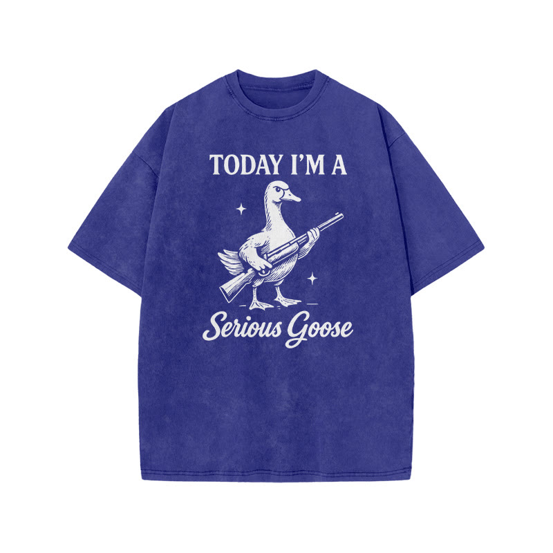 Today I'm A Serious Goose Print Acid Washed T-shirt - Blue - US20-22(3XL) - image 7