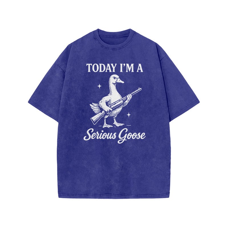 Today I'm A Serious Goose Print Acid Washed T-shirt - Blue - US20-22(3XL) - image 7
