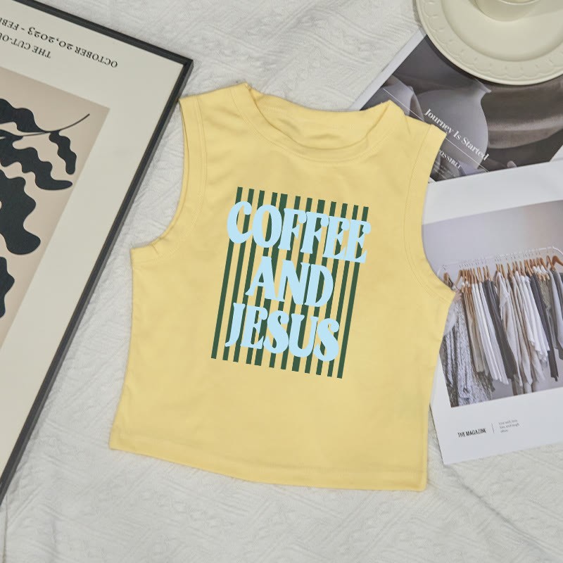 100% Cotton Coffee And Jesus Print Sleeveless Tank Top - Yellow - US12(L) - image 5