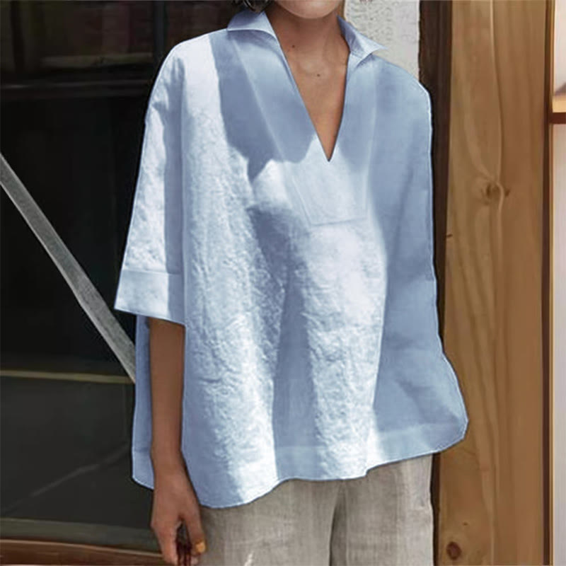 Casual V-neck Mid-sleeve Top - Blue - 5XL - image 5