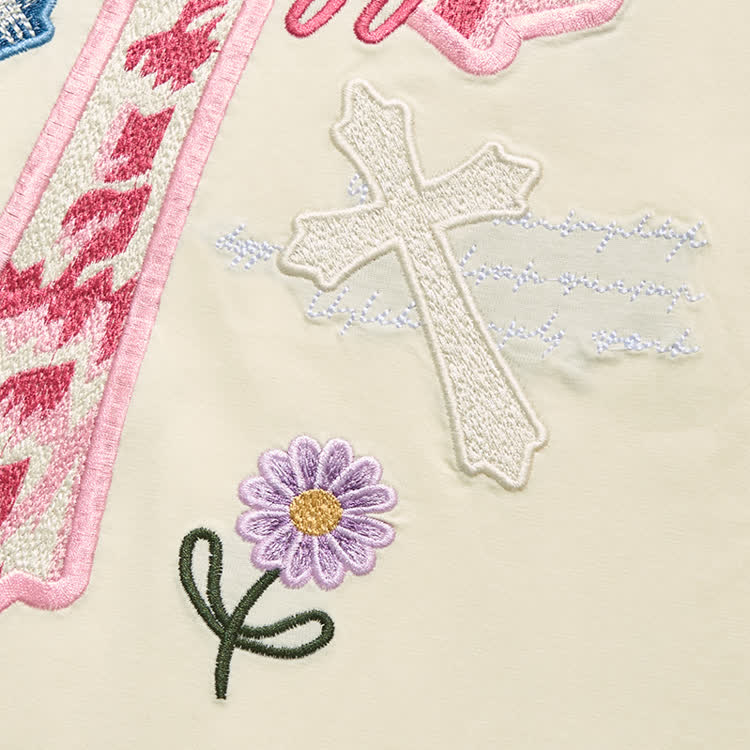 Casual Floral Script and cross Embroidered Round Neck T-Shirt - image 11