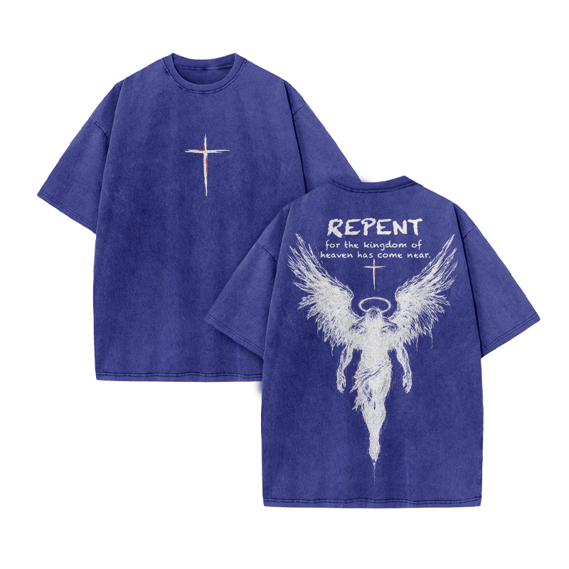 Repent For The Kingdom Of Heaven Has Come Near Print Acid Washed T-shirt - Blue - US20-22(3XL) - image 8