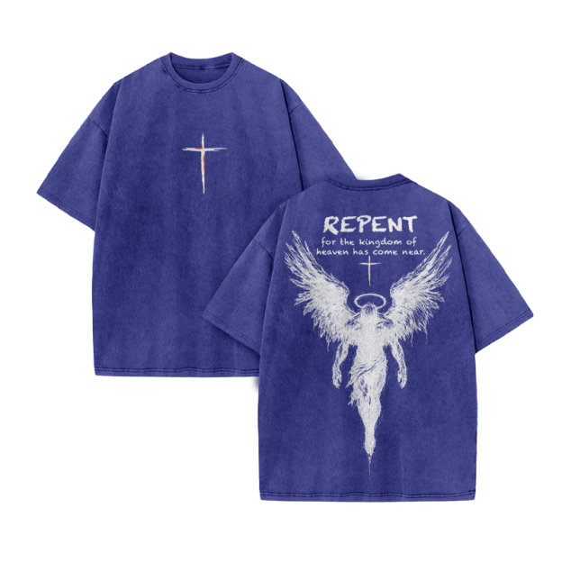 Repent For The Kingdom Of Heaven Has Come Near Print Acid Washed T-shirt - Blue - US20-22(3XL) - image 8