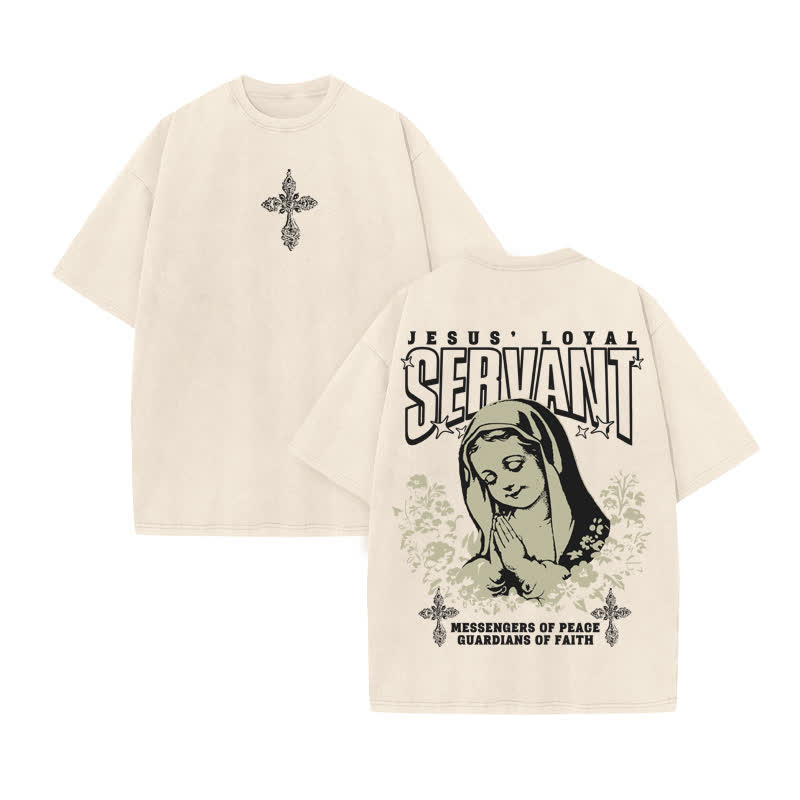 Unisex 100% Cotton Jesus Loyal Servant Print Acid Washed T-shirt - Beige - US20-22(3XL) - image 3