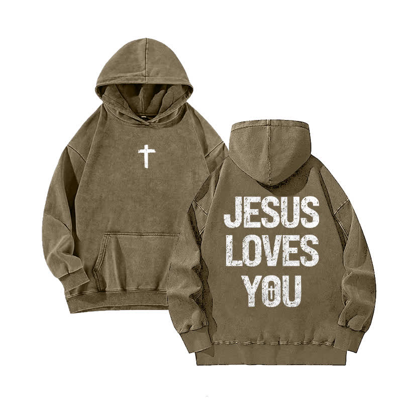 Unisex 100% Cotton Jesus Loves You Printed Washed Hoodie  - Brown - 3XL - image 4