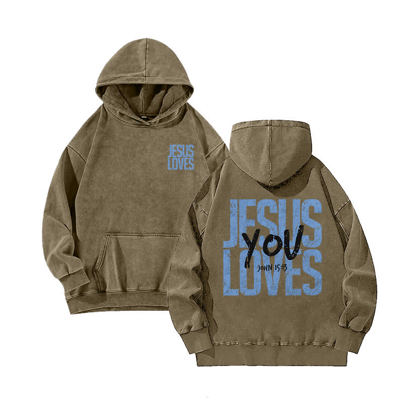 Unisex 100% Cotton Jesus Loves You Printed Washed Hoodie  - Brown - 3XL - image 4