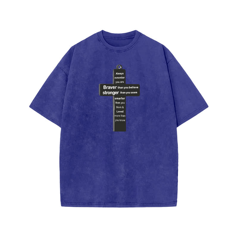 Unisex 100% Cotton Cross Necklace Print Acid Washed T-shirt - Blue - US20-22(3XL) - image 8