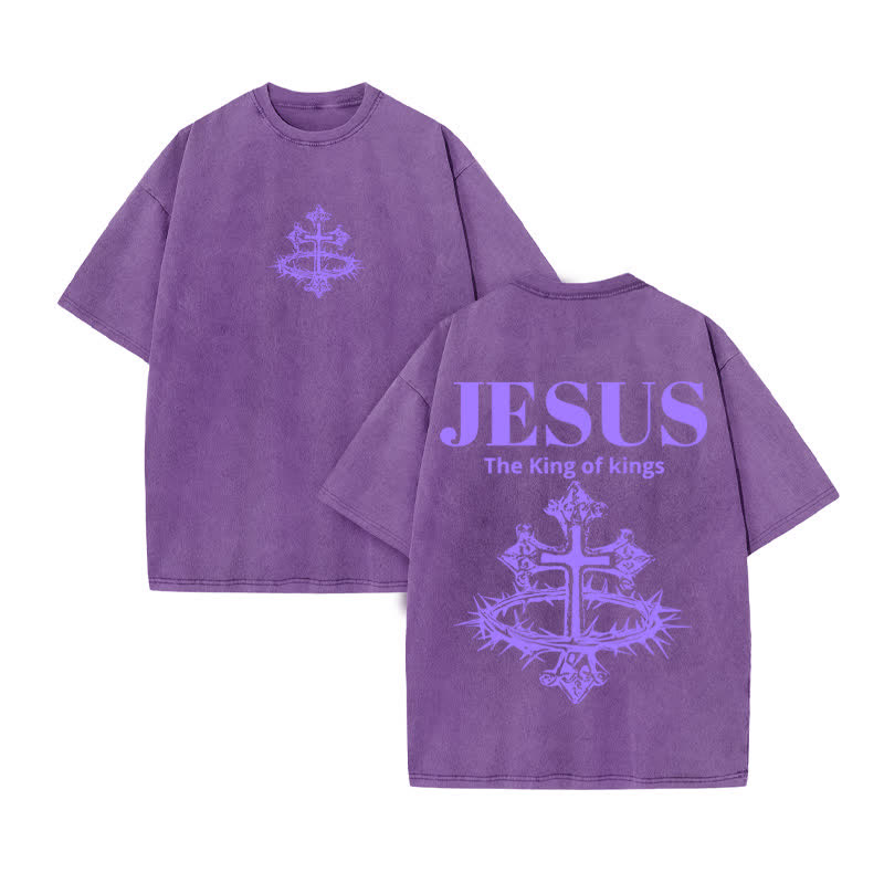 Unisex 100% Cotton JESUS IS KING Crown Of Thorns Cross Print Acid Washed T-shirt - Purple - US20-22(3XL) - image 9
