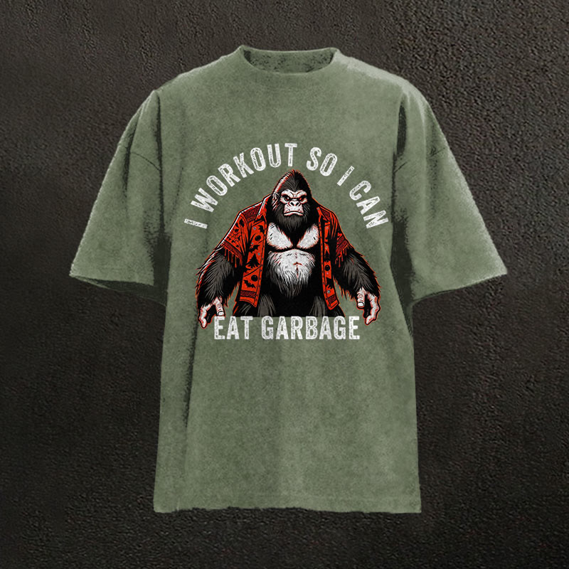 100% Cotton I Workout So I Can Eat Garbage Gym Print Acid Washed T-shirt - Army Green - US20-22(3XL) - image 4