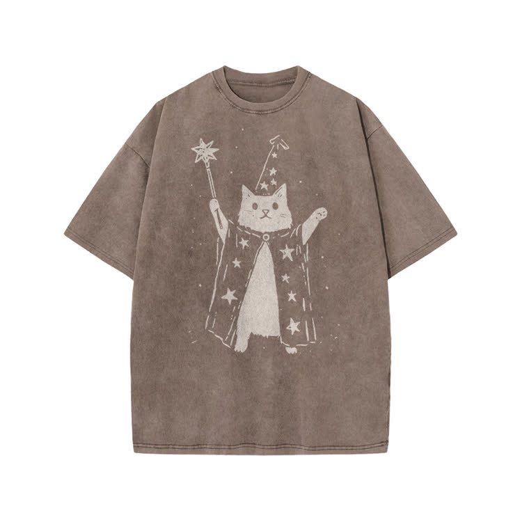 Vintage Wizard Cat Graphic Print Acid Washed T-shirt - Coffee - US20-22(3XL) - image 7