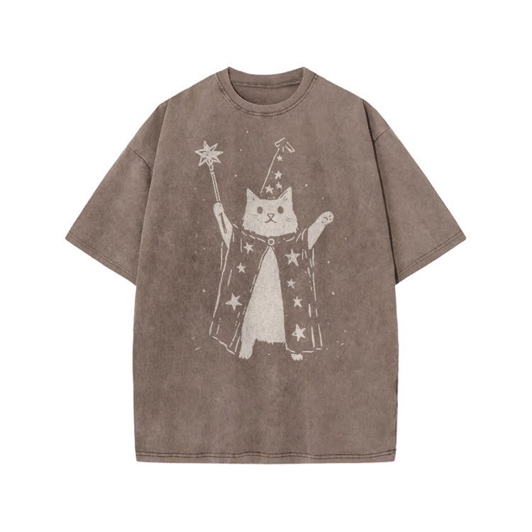 Vintage Wizard Cat Graphic Print Acid Washed T-shirt - Coffee - US20-22(3XL) - image 7