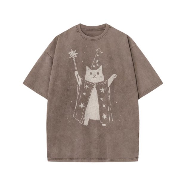 Vintage Wizard Cat Graphic Print Acid Washed T-shirt - Coffee - US20-22(3XL) - image 7