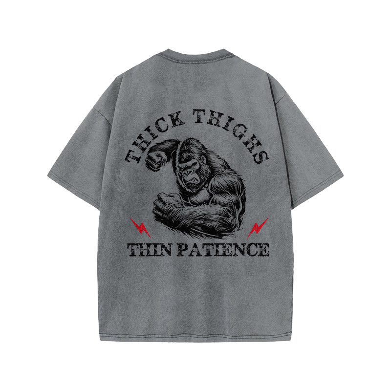 100% Cotton Thick Thighs Thin Patience Gym Print Acid Washed T-shirt - Grey - US20-22(3XL) - image 5