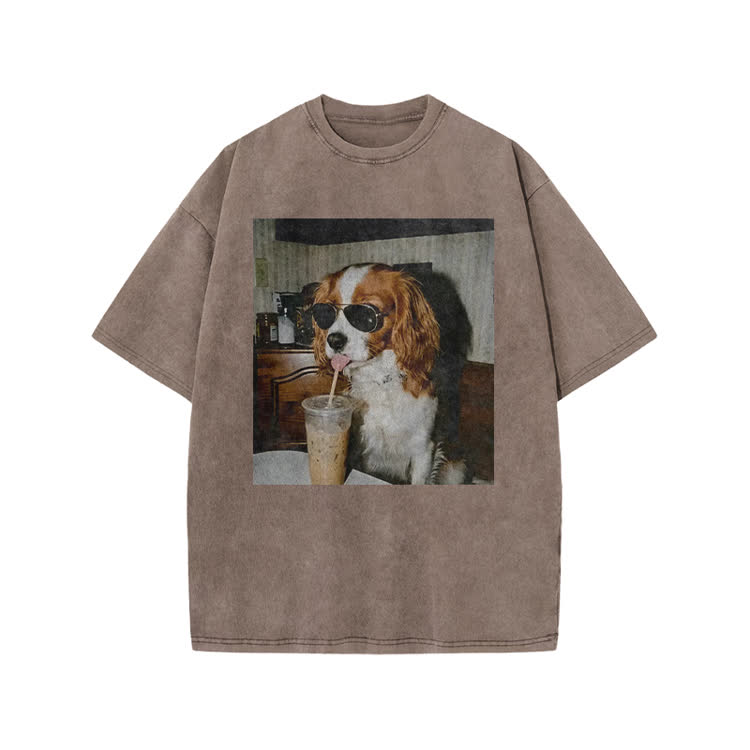 Vintage Iced Coffee Dog Print Acid Washed T-shirt - Coffee - US20-22(3XL) - image 8