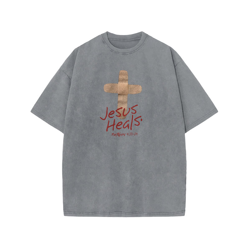 Unisex Cute Jesus Heals Matthew 4:23-24 Print Acid Washed T-shirt - Grey - US20-22(3XL) - image 3