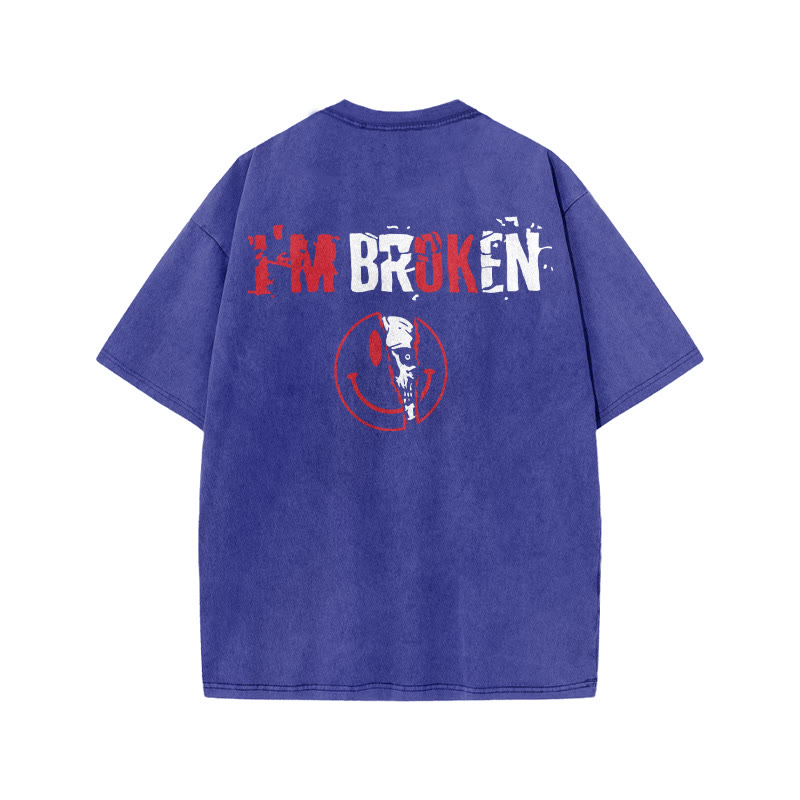 100% Cotto Vintage I'm Broken Skull Gym Print Acid Washed T-shirt - Blue - US20-22(3XL) - image 6
