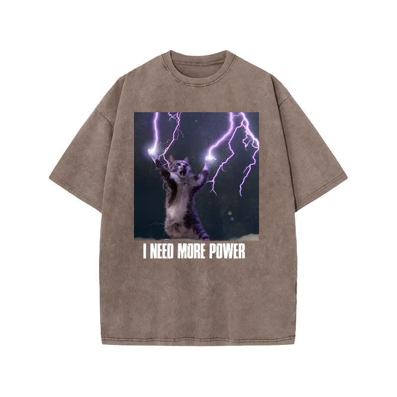 Unisex 100% Cotton I Need More Power Print Acid Washed T-shirt - Coffee - US20-22(3XL) - image 3