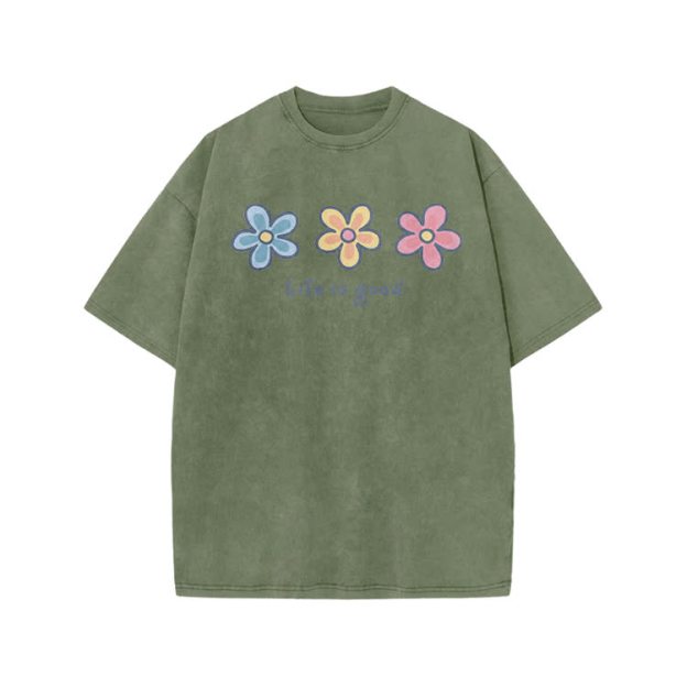 Sunny Bloom Life Is Good Print Acid Washed T-shirt - Army Green - US20-22(3XL) - image 8