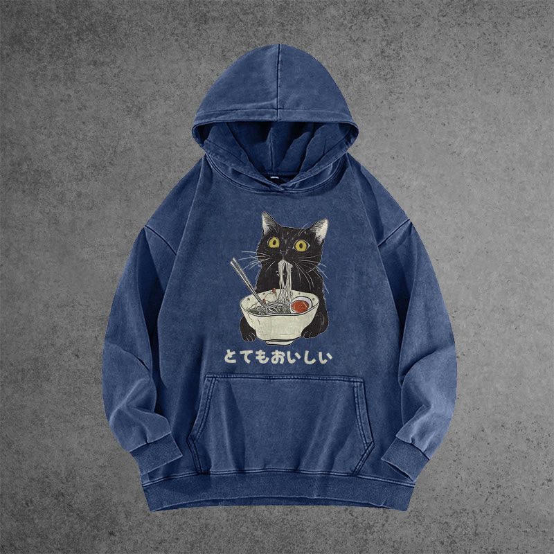 Unisex 100% Cotton Cats Eat Ramen Noodles Vintage Printed Washed Hoodie