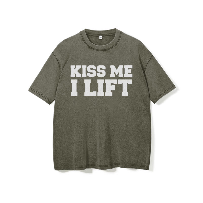 100% Cotton Kiss Me I Lift Printed Washed Gym T-shirt - image 7