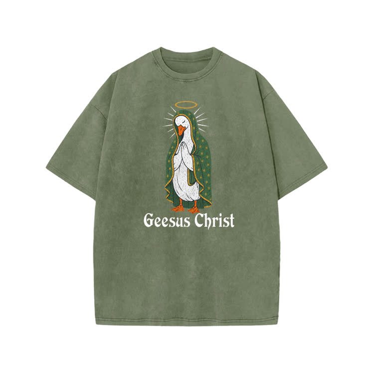 Geesus Christ Halo Goose Graphic Print Acid Washed T-shirt - Army Green - US20-22(3XL) - image 5